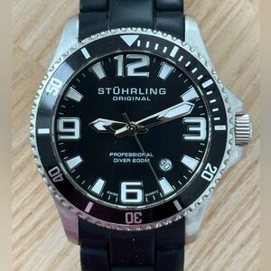Stuhrling Original Professional Diver 200M Watch Black Dial Stainless Case Date